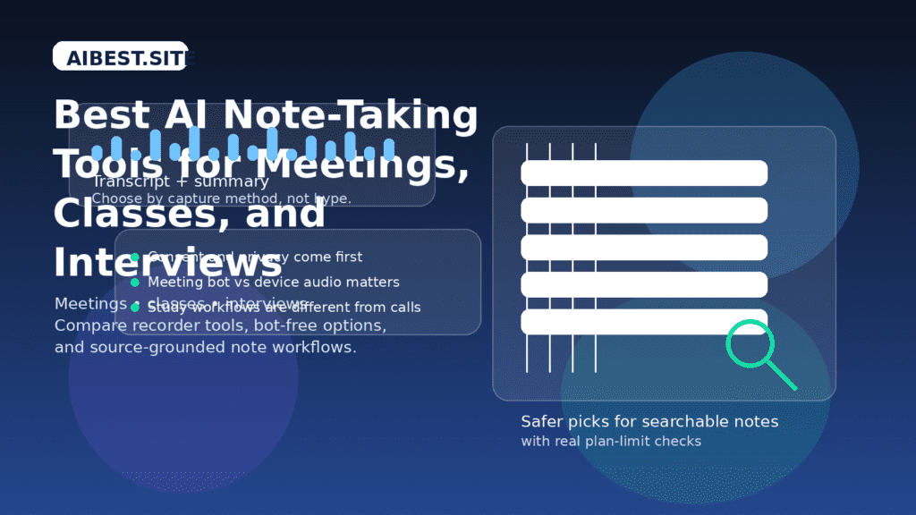Best AI Note-Taking Tools in 2026 for Meetings, Classes, and Interviews Abstract editorial illustration for AI note-taking tools with layered note cards, transcript lines, waveform accents, and AiBest-style blue gradients.
